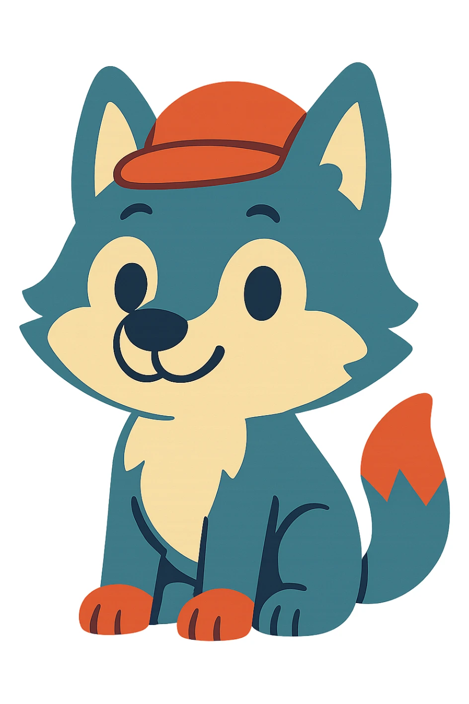 cute wolf wearing a red hat, colorful cartoon style sticker