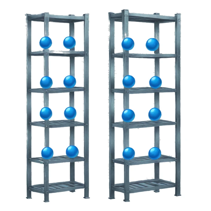 tall metal shelves with many blue orb prophecies sticker