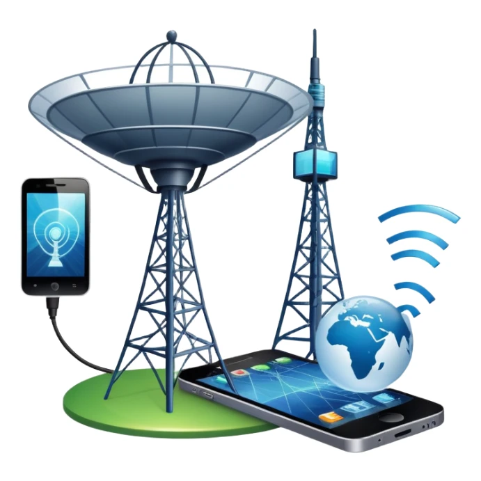An icon featuring a satellite dish, a cell tower emitting signals, and a smartphone displaying a chat interface. The design includes fiber-optic cables and data waves, symbolizing global communication, connectivity, and information exchange. Transparent background. sticker