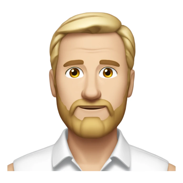 middle aged english man, short slicked back hair blonde, blonde medium length size full beard, eyesbrows not raised, in a smart white unbuttoned shirt. sticker