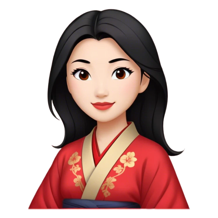 Cinematic Realistic Radiant Mulan Portrait, presenting Mulan with a warm, confident smile and lifelike light-toned skin that appears almost luminous under natural daylight. Her sleek black hair is rendered in meticulous detail, and her traditional robe—accented with understated red highlights—is depicted with realistic fabric textures and folds. The overall image exudes a gentle, inviting glow, high shine, and refined detail that captures her poised elegance and inner resilience in a painterly, authentic style. sticker