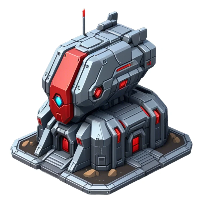 StarCraft-inspired, sci-fi, isometric RTS building with a rugged Terran look: thick metal plating, rivets, subtle wear, and a gunmetal palette plus one accent color sticker