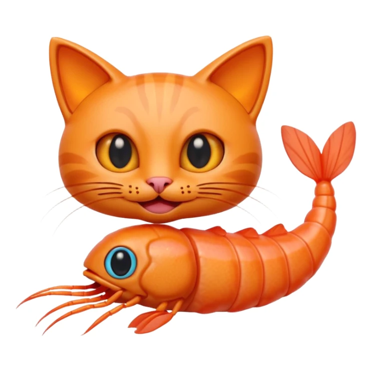 A cute 3D hybrid creature combining a cat and a shrimp, with a cat’s head and a shrimp’s body, bright orange tones, big expressive eyes, smiling face, cartoon style, soft lighting, smooth textures, emoji-like design, high-quality digital illustration. sticker