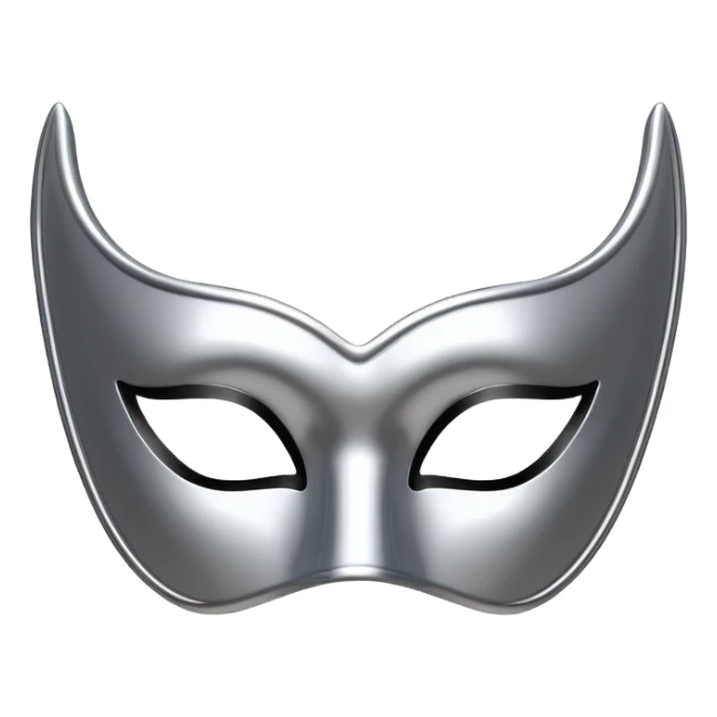 A sleek masquerade mask emoji made of polished silver chrome, smooth sensual curves, reflective metallic surface, mysterious sexy luxury vibe, minimal iOS emoji style, centered, clean white background sticker
