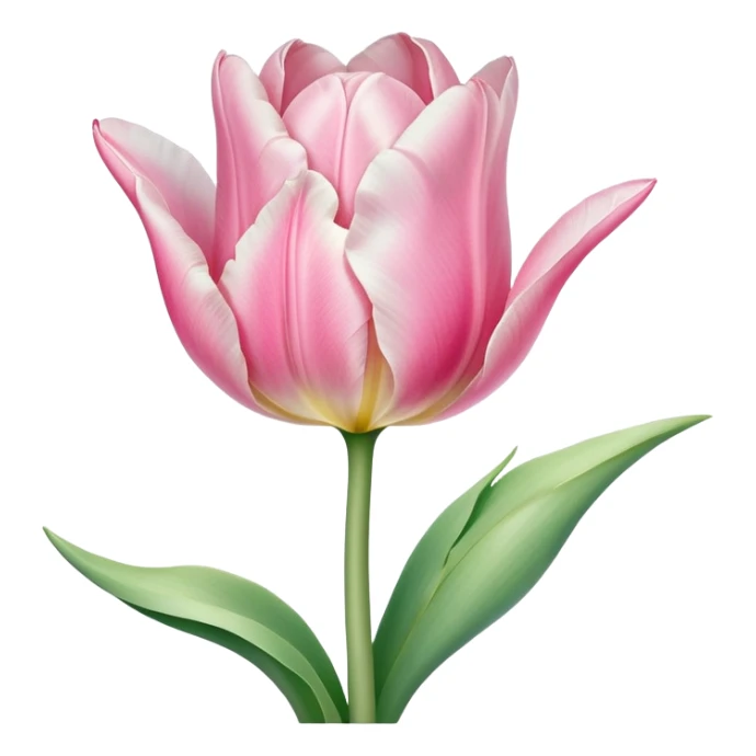 Single soft pink tulip with watercolor petals, clean white background, green stem, and curved soft leaves, elegant hand-painted style sticker
