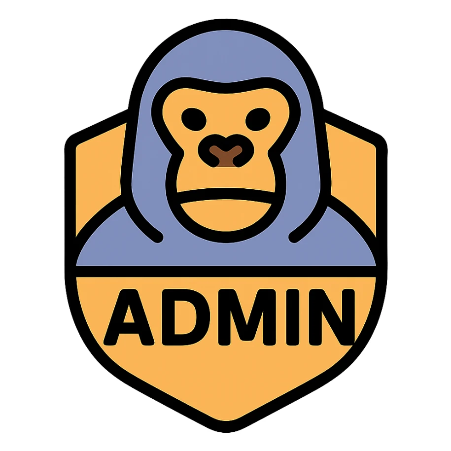 badge for a Gorilla Tag admin, stylized gorilla face, word 'ADMIN' bold and clear, modern game-inspired icon style sticker
