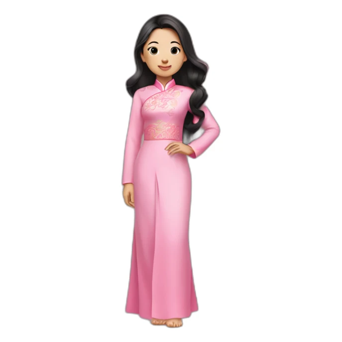 asian girl with fair lips, wavy black hair posing with pink ao dai full body side pose sticker