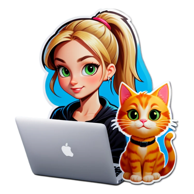 Blonde girl ponytail macBook and a cat sticker