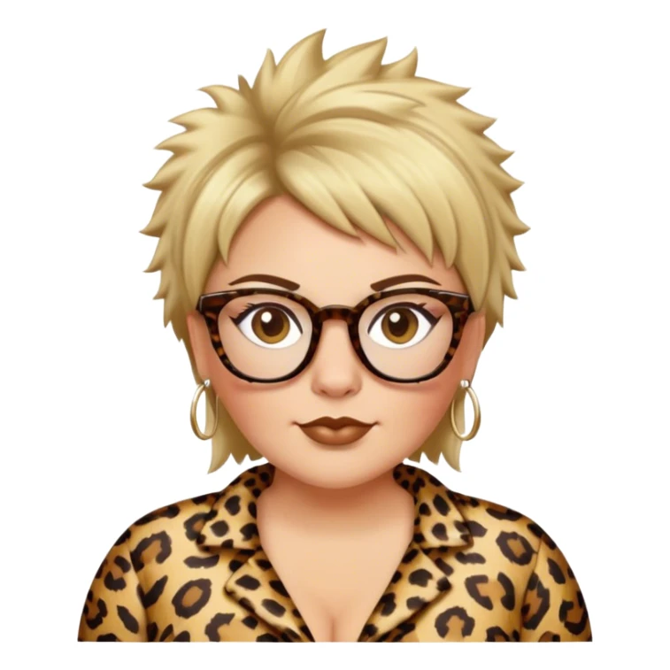  plus size white women dressed in leopard with short medium brown and blonde shaggy spiked hair wearing glasses with hazel color eyes and wide flat nose sticker