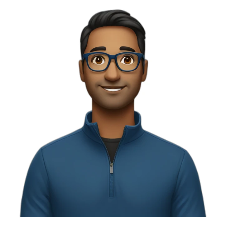 29 year old indian tech founder clean shaven in blue quarter zip with black tortoiseshell glasses sticker
