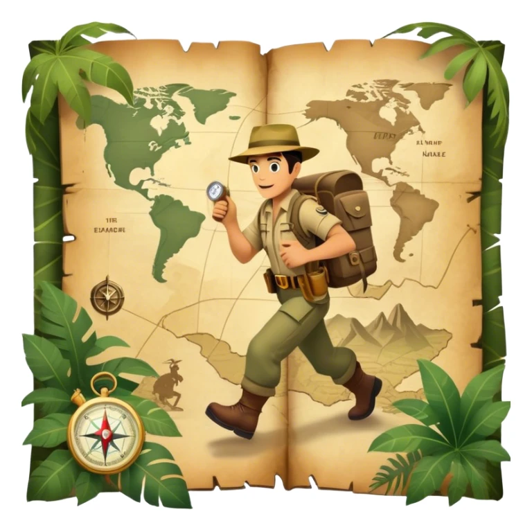 A vintage movie poster-style collage. Include action-packed elements like a treasure map, jungle scenes, a rugged explorer with a compass and a speeding jeep. Add a shadowy figure resembling close-up Mark Wahlberg in adventurous gear. Jungle background. Transparent background. sticker