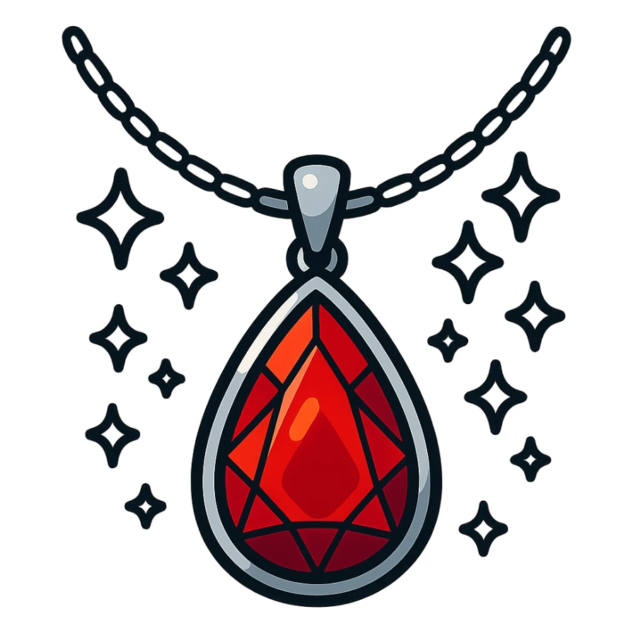 A fiery red teardrop ruby pendant suspended in a delicate silver chain, surrounded by glistening white stones sticker