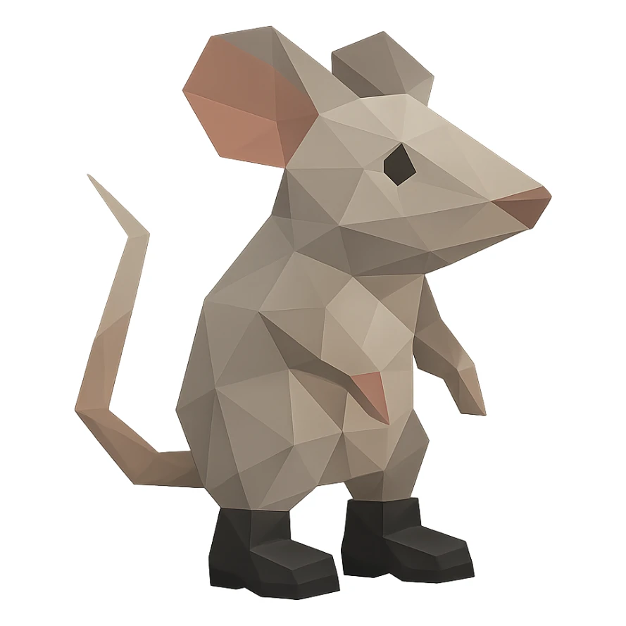 mouse emoji wearing black boots, low-poly polygonal style sticker