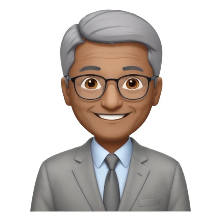 60 yr old indian man, short straight dark grey hair brushed foreward , light grey business suit, big smile, dark brown skin, no moustache, dark brown eyes, glasses
 sticker