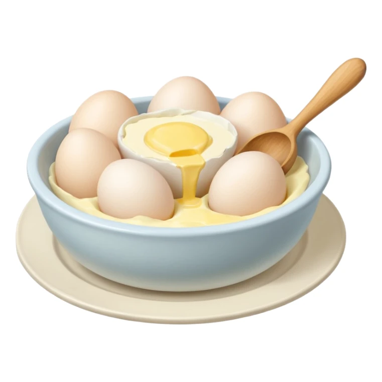 a dozen eggs, a ceramic mixing bowl with a wooden spoon and a plate of butter sticker