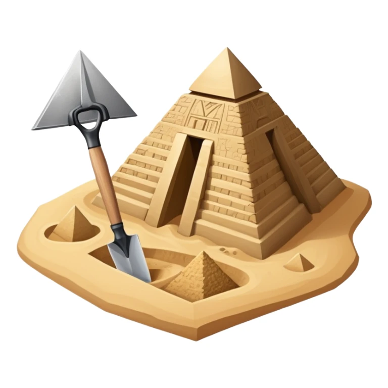 An icon showing archaeological tools like a trowel, brush, and pickaxe placed on sandy ground, with an Egyptian pyramid in the background. The design symbolizes excavation and discovery of ancient history, blending tools and iconic landmarks. Transparent background. sticker