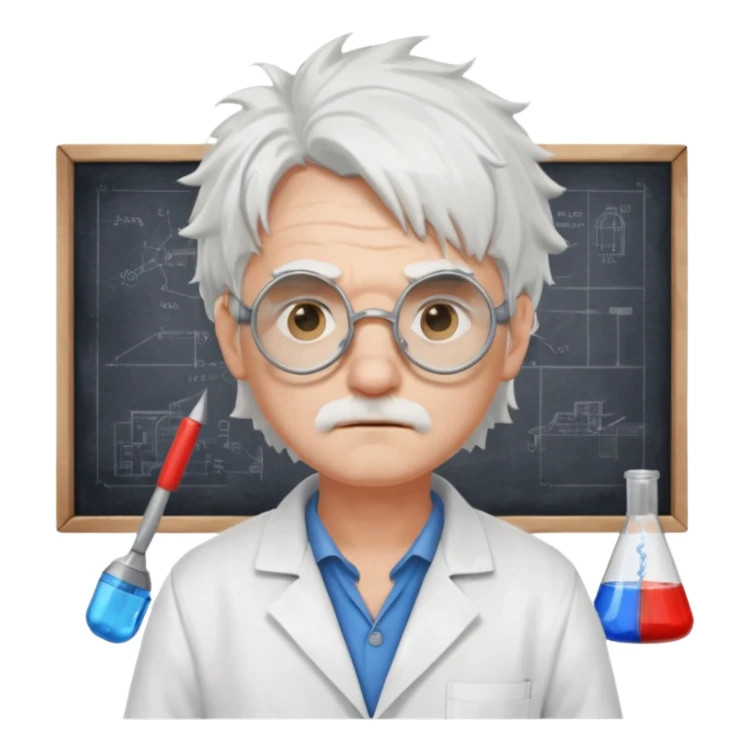 Portrait of an eccentric inventor with messy white hair, round goggles on forehead, sad face , wearing a slightly burnt lab coat, background of workshop with blueprints and tools sticker