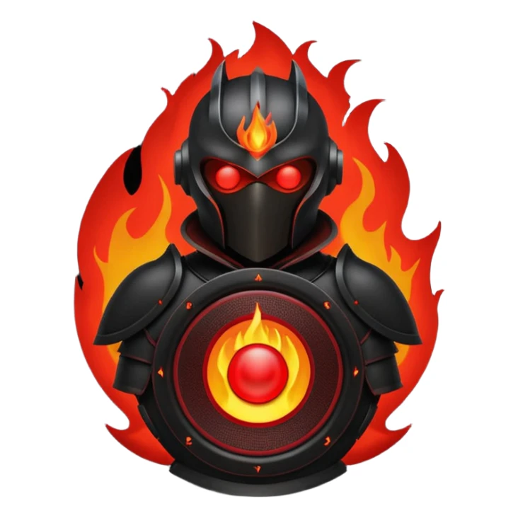 Head: A black KLIPSCH RP-8000F speaker, often represented with a red center or speaker cone.
Core: A small, bright glowing cherry-red circle representing his core.
Body & Armor: Primarily black armor plating with bright red accents or flames. sticker