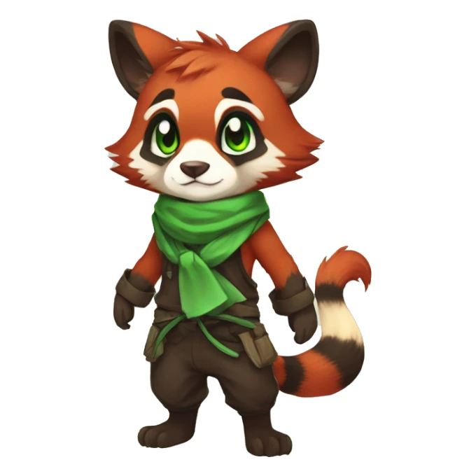 Cute, Chibi, Kemono-style, Anthro, Fur-Sona, Dark-Red, RedPanda-Mouse-hybrid-Transformice-Fakémon, with a green bandana, full body sticker