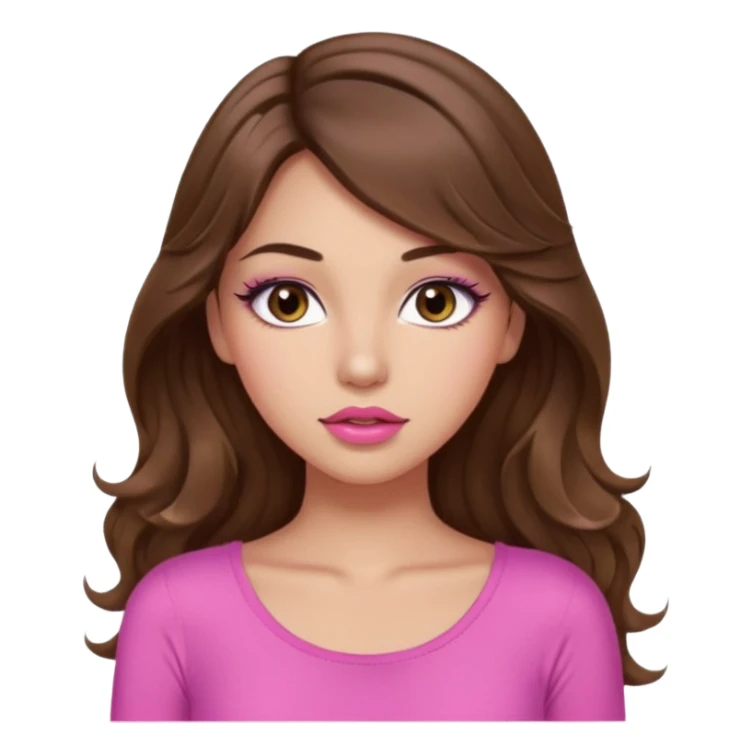 girl with long wavy brown hair, brown eyes, light to medium complexion, in a pink sexy top, pink lips, long lashes, silent motion sticker