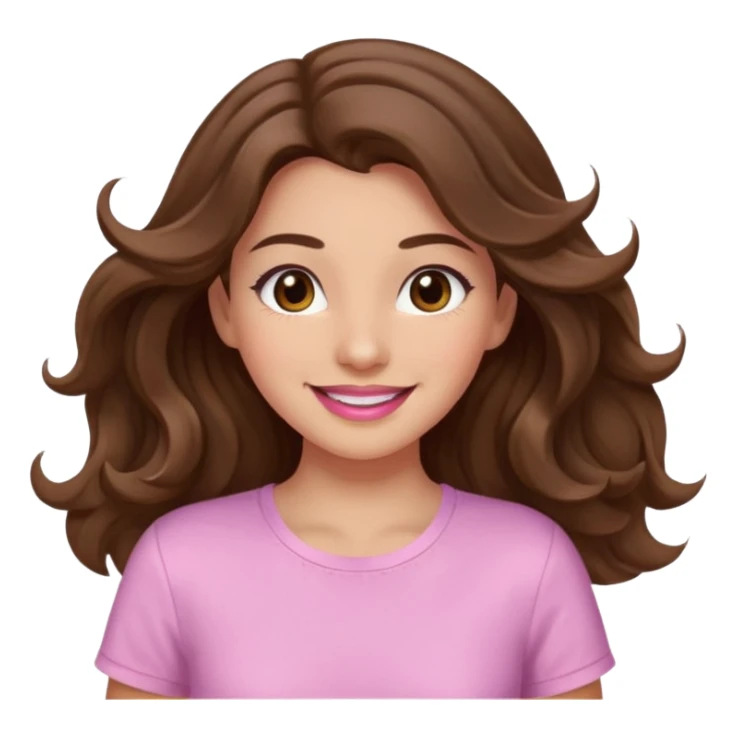 girl with wavy long brown hair, brown eyes, light to medium complexion, long lashes, light pink lipstick, smiling, wearing light pink shirt, dancing sticker