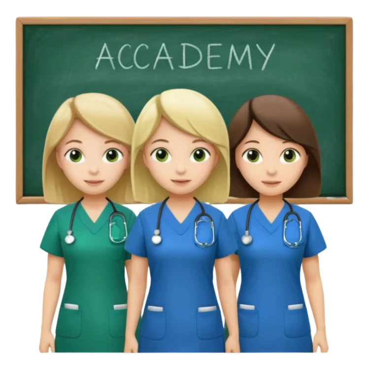 3 different nurses, wearing green and blue work clothes, in a classroom, "Academy" written in white on board sticker