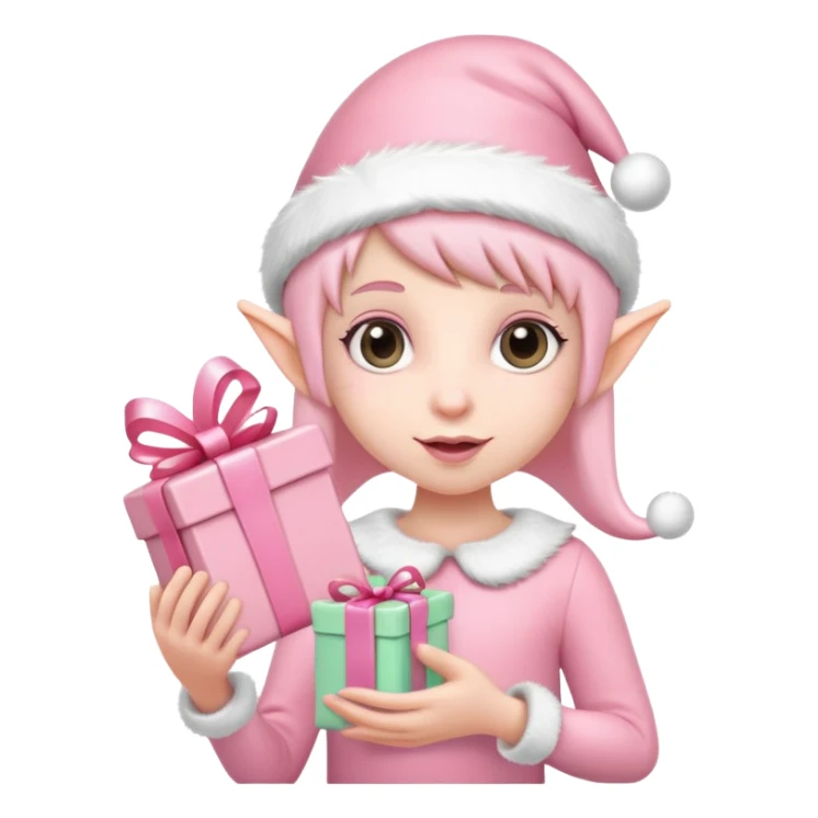 Pastel pink Christmas elf holding pastel pink gift sticker