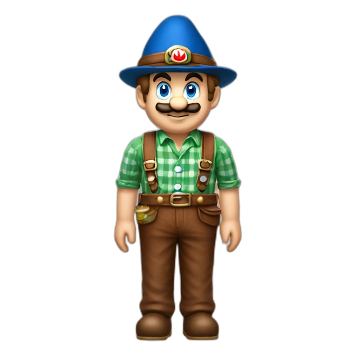 bavarian october fest visitor in super mario style. With a grean hat, blue and white shirt and brown leather pants.  sticker