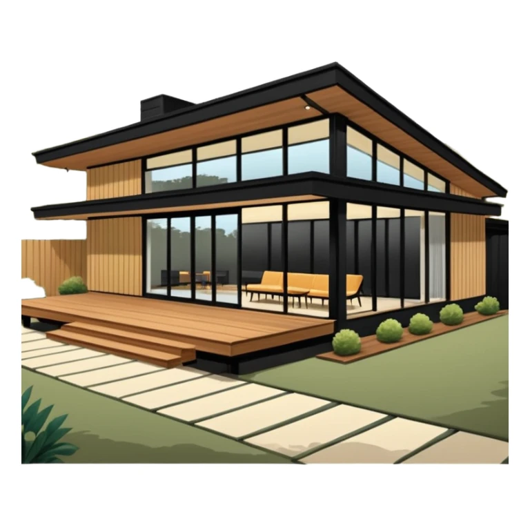 midcentury modern house with 1000 sqft and all windows and a sliding windows on corner. Single story. High ceilings, black and vertical wood slats for outside walls of home. Wood deck with complementary but different wood and shade from larger wood slats. With overhanging shade and slats. sticker