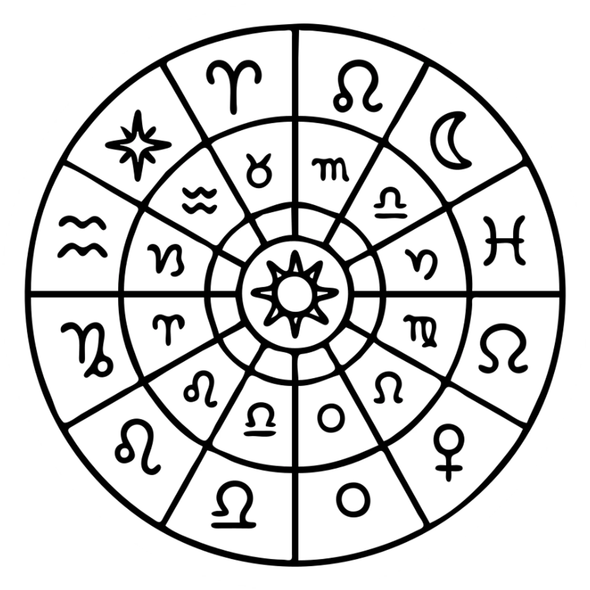 vintage astrology natal chart icon with intricate celestial symbols, mystical, ornate, zodiac constellations, outline style sticker