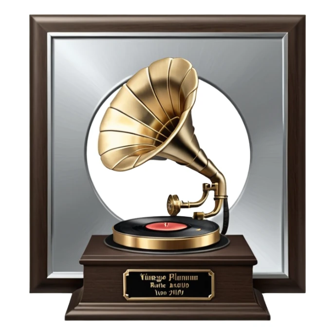 A platinum music award plaque: a square, polished platinum plate with a subtly textured, mirror-like finish, mounted on a simple dark wood base. The center features a relief of a vintage gramophone or stylized vinyl record in a slightly darker metallic tone.  sticker