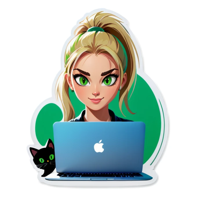 Blonde woman ponytail green eyes with cat and MacBook sticker