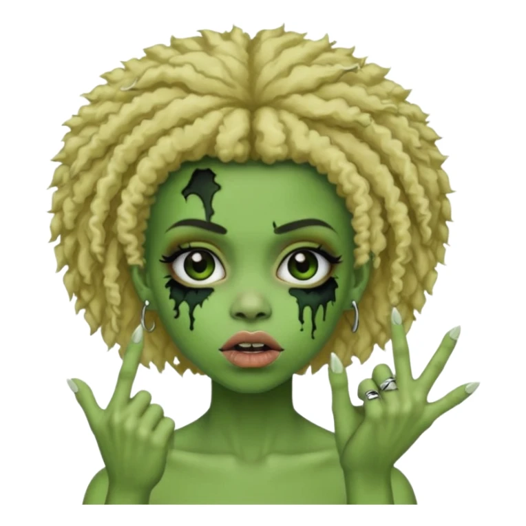girl, green zombie,blonde afro, medium long, shaggy, dark, spooky,double eyebrow dermal piercing, two fingers up sticker