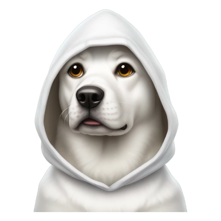 A dog that is all white with a hood sticker