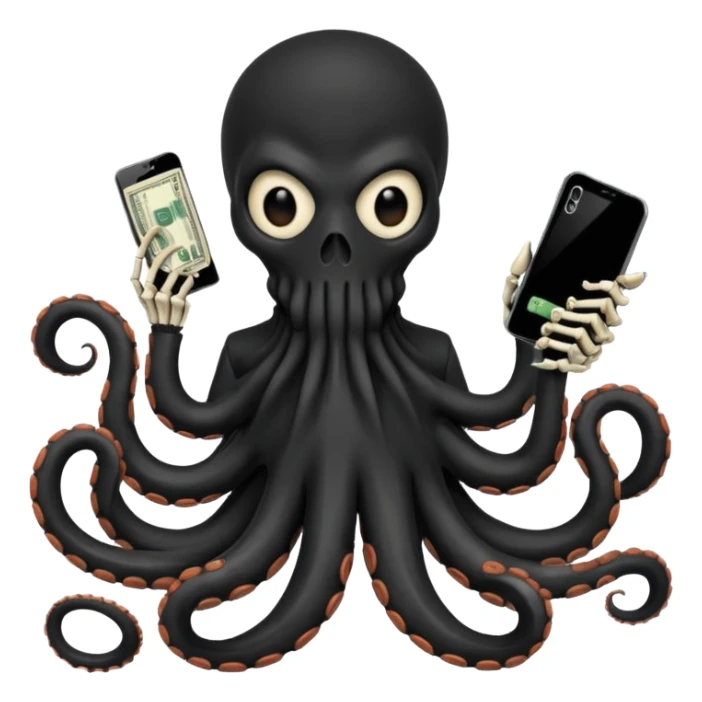 satanic octopus skeleton with scary evil eyes, wearing a black balaclava. 1 tentacle is holding a cellphone, 1 tentacle is holding a bone, 1 tentacle is holding a stack of cash. sticker
