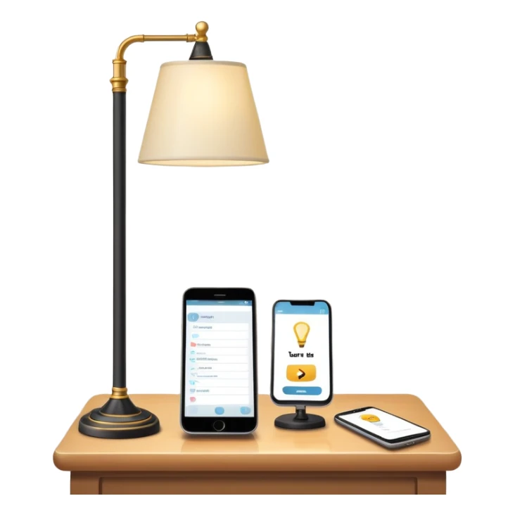 smartphone in foreground showing a quiz interface, with a floor lamp protruding from behind the phone sticker