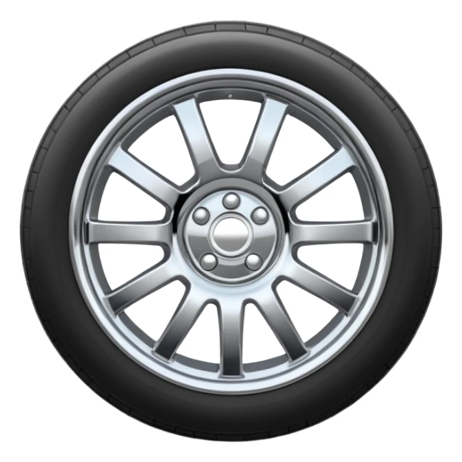 A chrome car wheel emoji, polished silver metal rim, smooth circular shape, minimal futuristic design, soft reflections, iOS emoji style, centered on white background, ultra clean look sticker