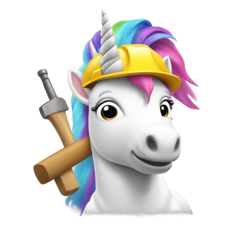 white unicorn with rainbow hair wearing a construction worker hat and holding a hammer sticker