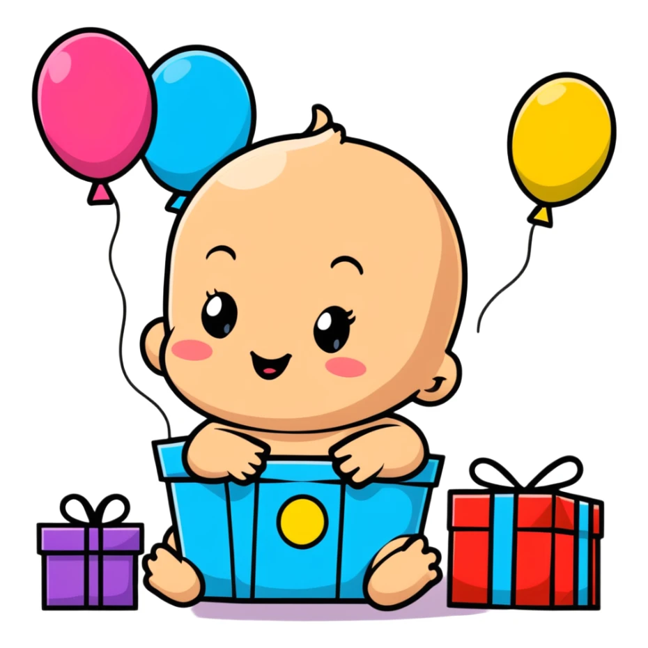 happy baby surrounded by birthday presents and colorful balloons sticker