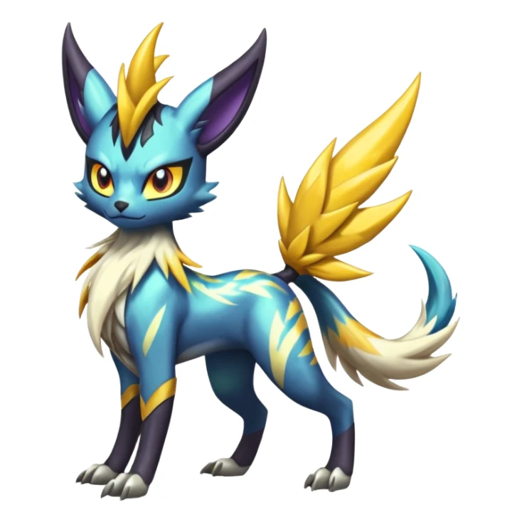 Shiny colorful exotic Feral Scaly Striking Slaying Badass Evil Handsome Lightning-patterned Zig-zagged buzzy fuzzy Meloetta-Renamon-Luxray-Cobalion-Suicune-Vernid-fusion-hybrid-creature, full body  sticker