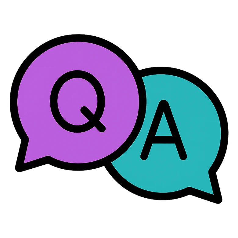 two chat box bubbles, one purple with a Q and one teal with an A, overlapping or side by side, modern icon style, clean and friendly sticker