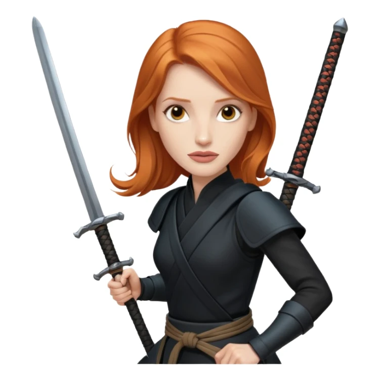 Jessica Chastain, in a ninja position with big swords sticker