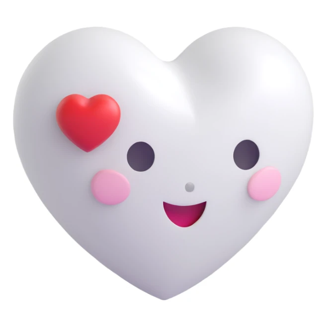 3D heart, white color, Microsoft 3D emoji style sticker