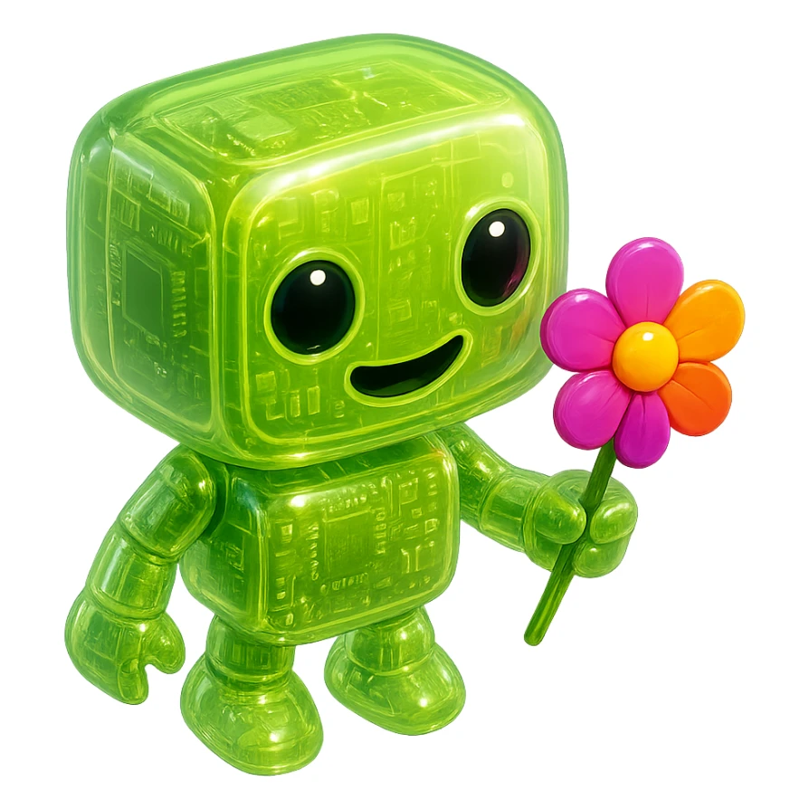 Redesign this robot in glossy circuit style with the main color #c0ff53 green, keep the cute expression and the flower in its hand, no background. sticker