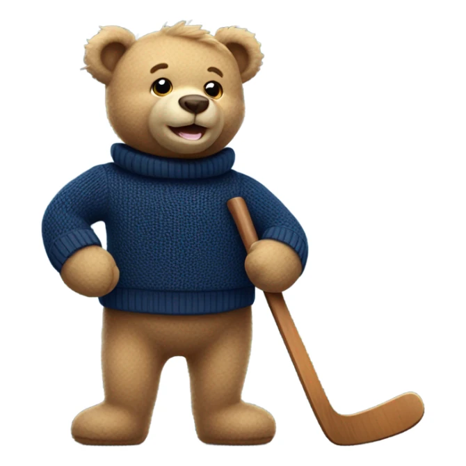 Handsome happy teddy bear wearing a nave blue sweater hockey game sticker