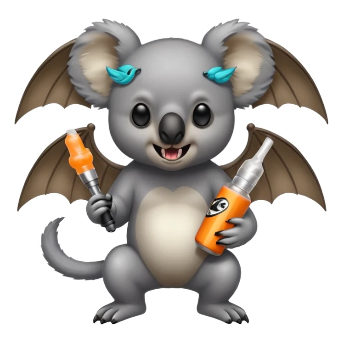 Koala with bat wings and fangs , wearing Nike dunks  holding a vape sticker