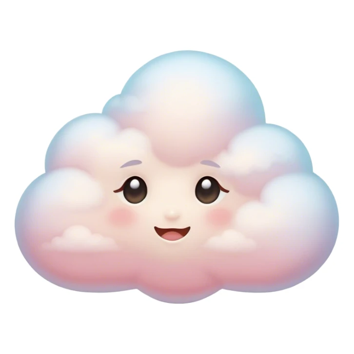 Cinematic tiny snuggly cloud, soft fluffy texture, gentle glowing edges, cute blushing cheeks, floating peacefully in a pastel sky, warm and dreamy. sticker