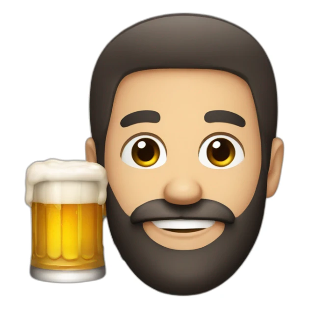 A man with Black beard and blue eyes cheers a beer sticker
