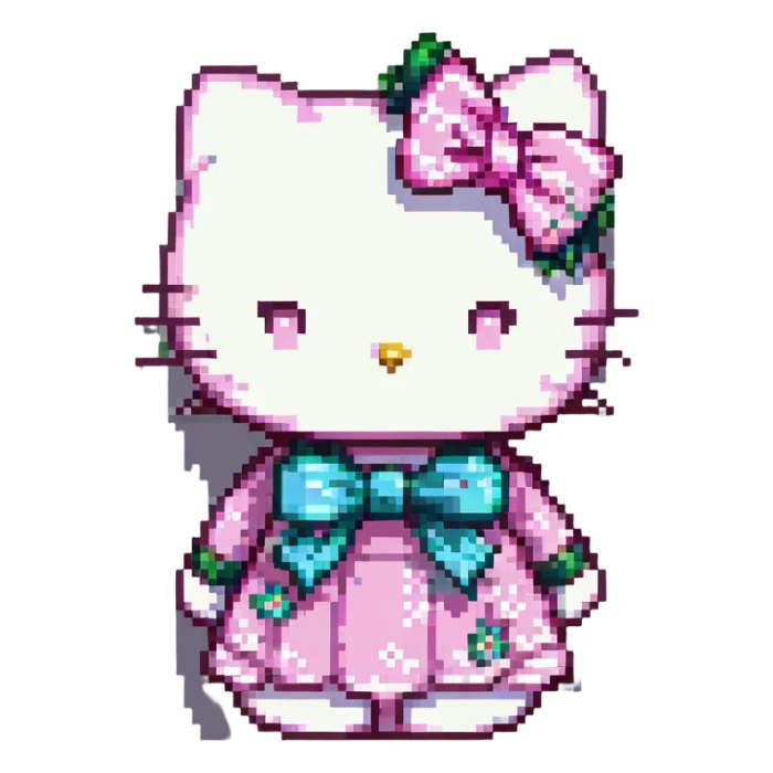 Hello Kitty pixel art, pink and white aesthetic, very girly, happy emotion, Discord emoji pack sticker