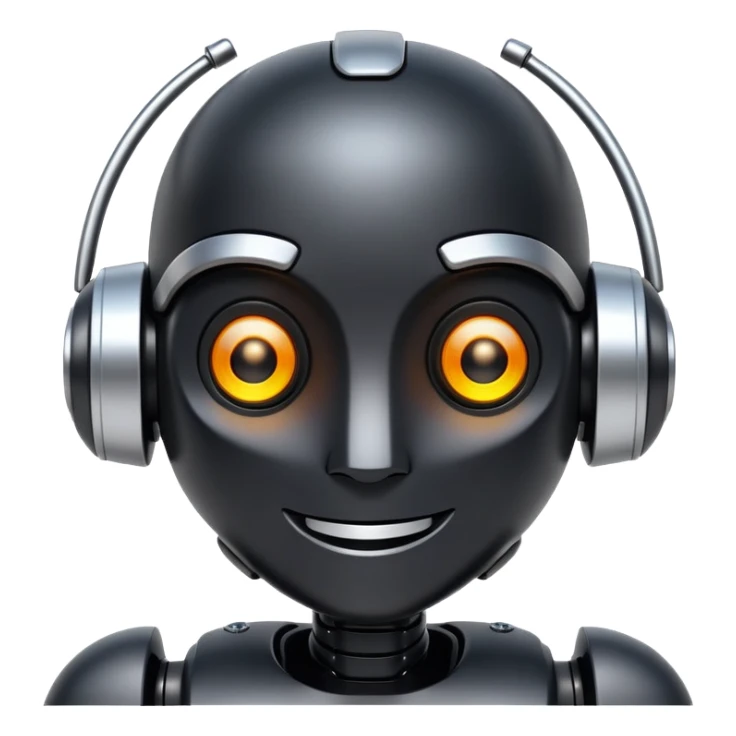 friendly modern face of a black robot with bright white led eyes, smiling, non-threatening sticker